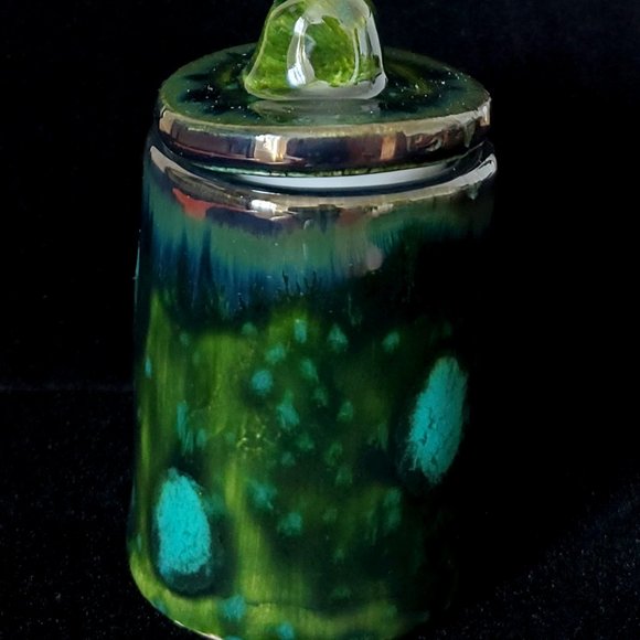 Handmade Small Ceramic Stash Jar Marsh Green with Turquoise Blooms - Picture 3 of 9